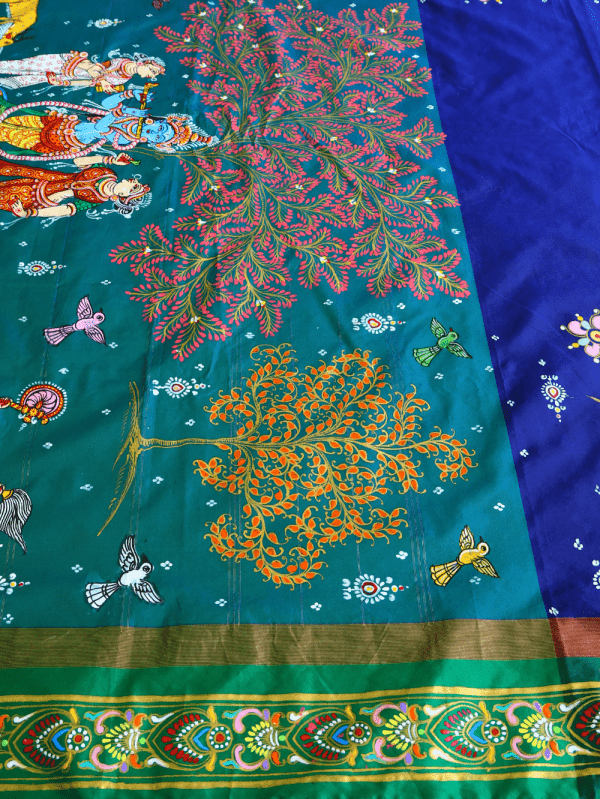 Green and navy blue pattachitra saree